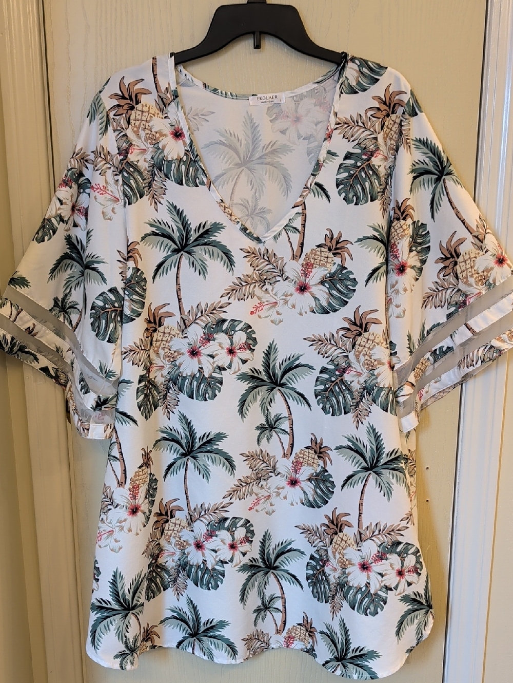 Eqouaur Women's Tropical Palm Floral Swimsuit Cover-Up Dress Size L Rayon